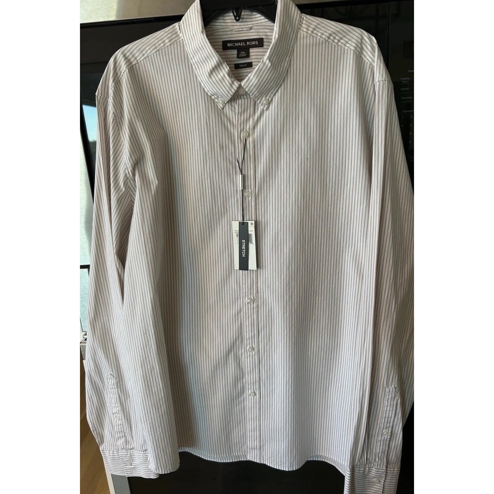 New Michael Kors Button Down Shirt 2XL Beige Stripe Cotton Elastane Stretch